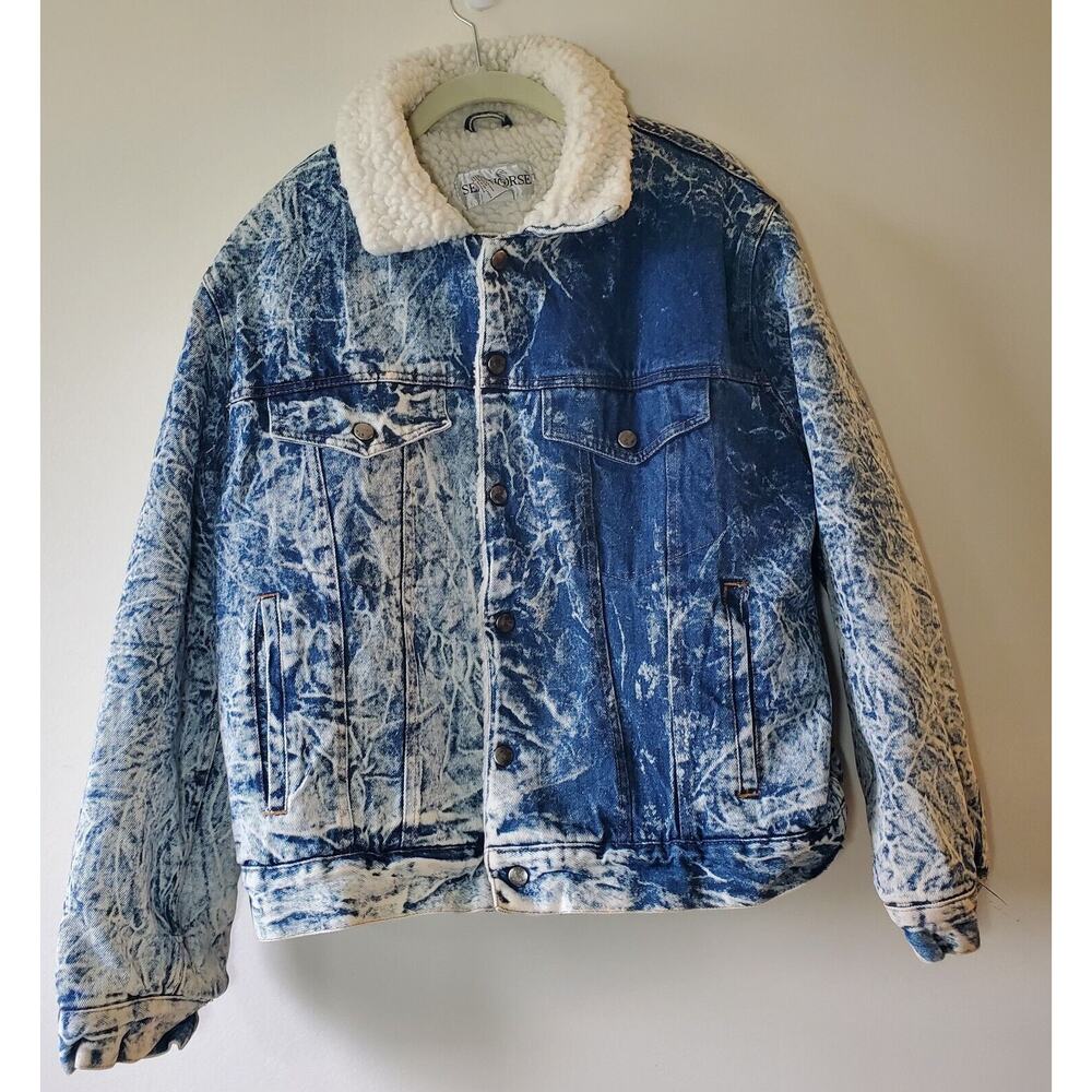 Sea Horse Vtg Denim Jacket Fleece Lined Acid Wash Womens XL Y2K Cozy Pockets